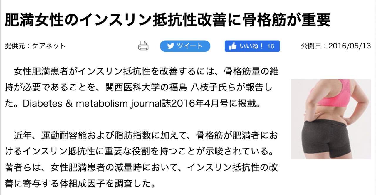 CareNet医療ニュース掲載 肥満女性のインスリン抵抗性改善に骨格筋が重要 2016年5月13日